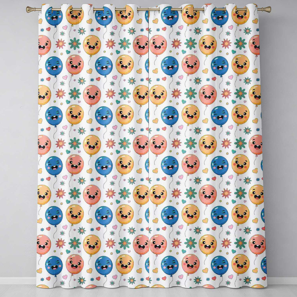 Cute Smiling Balloons Hearts and Stars Fun Party Seamless Pattern Readymade Eyelet Ring Top Thermal 100% Blackout Curtains
