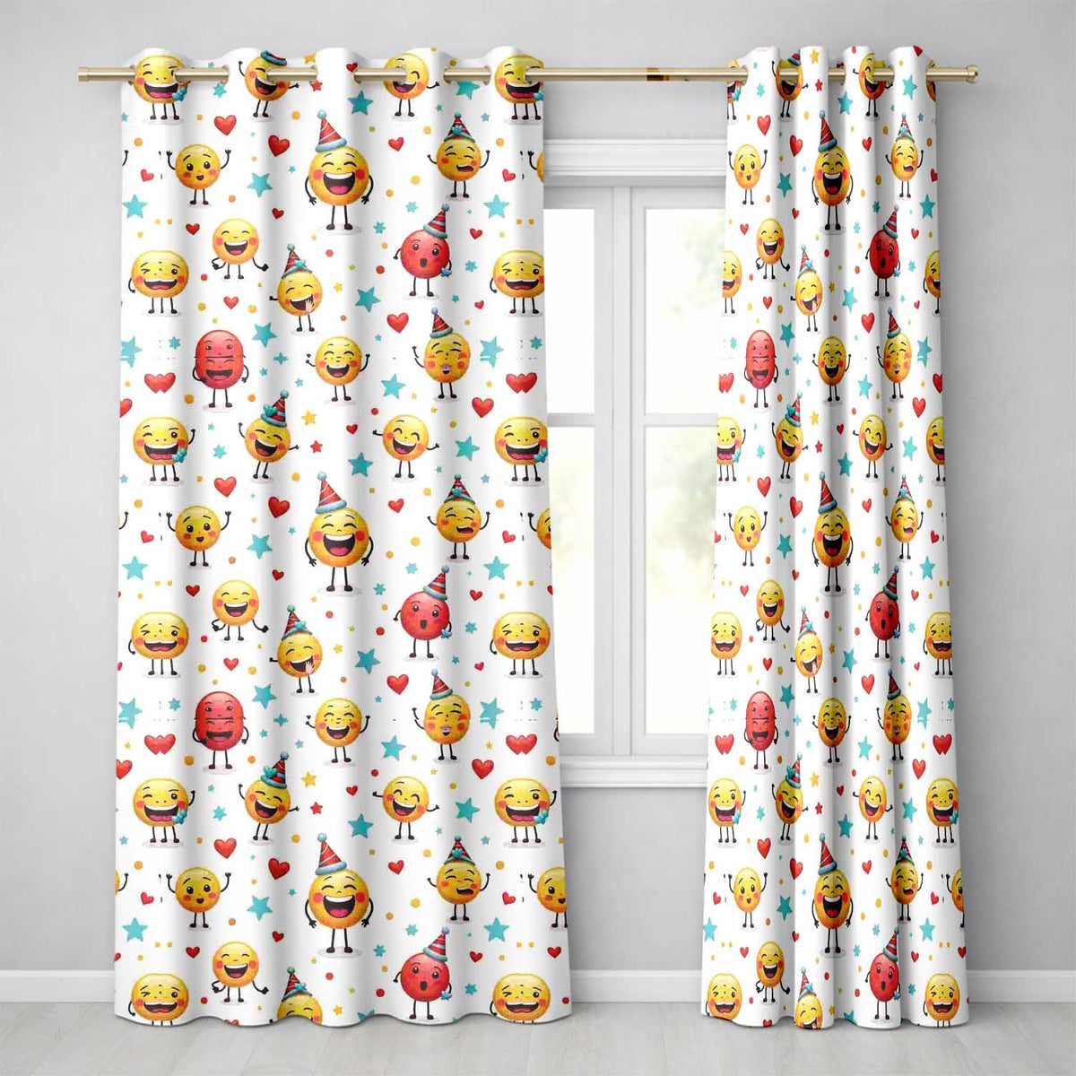 Cute Happy Emoji Faces Party Hats Celebration Seamless Pattern Readymade Eyelet Ring Top Thermal 100% Blackout Curtains