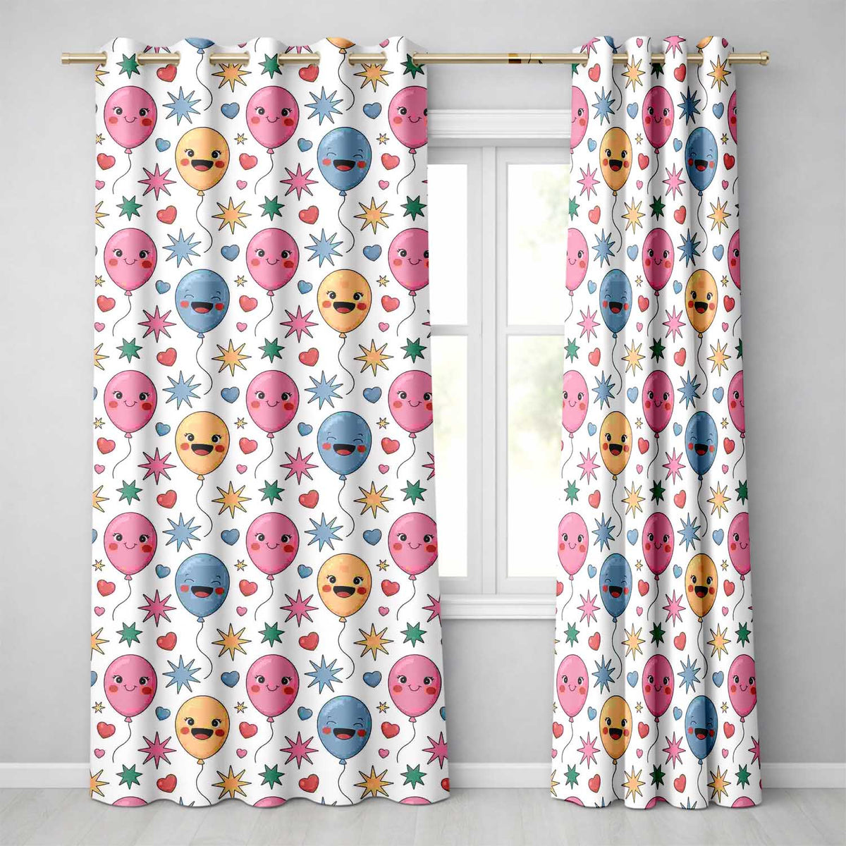 Cute Colorful Balloons Hearts and Starbursts Party Seamless Pattern Readymade Eyelet Ring Top Thermal 100% Blackout Curtains
