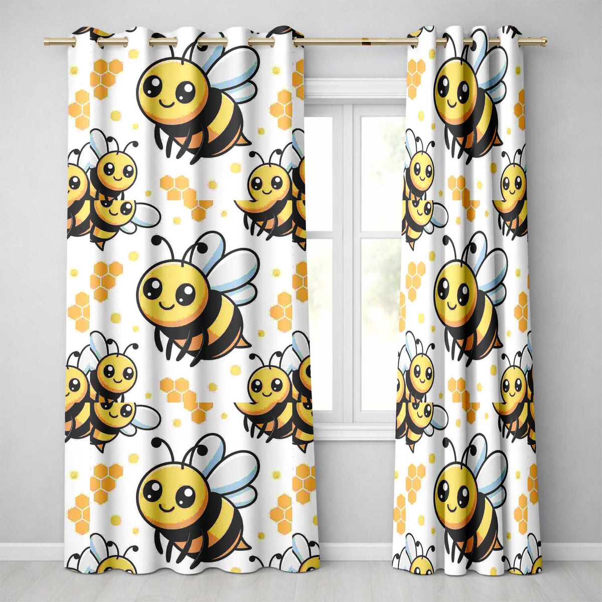 Cute Kawaii Bees Honeycomb Sweet Nature Seamless Pattern Readymade Eyelet Ring Top Thermal 100% Blackout Curtains