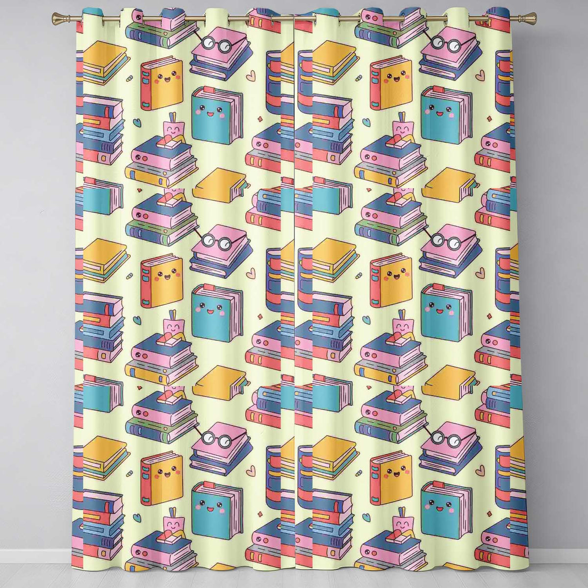 Cute Kawaii Books Reading Glasses Study Theme Seamless Pattern Readymade Eyelet Ring Top Thermal 100% Blackout Curtains