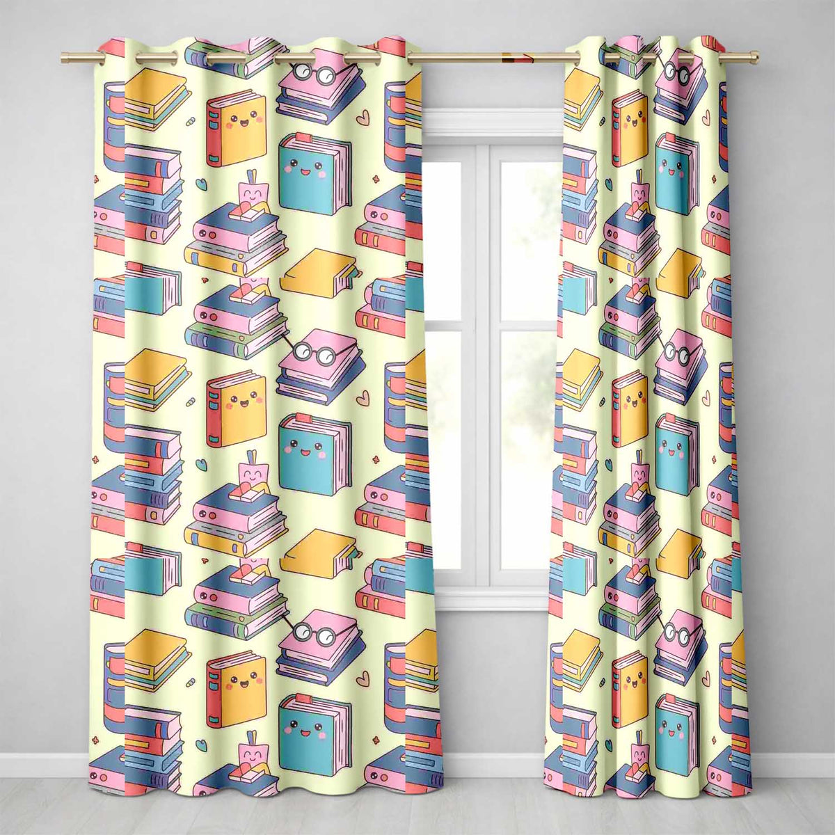 Cute Kawaii Books Reading Glasses Study Theme Seamless Pattern Readymade Eyelet Ring Top Thermal 100% Blackout Curtains