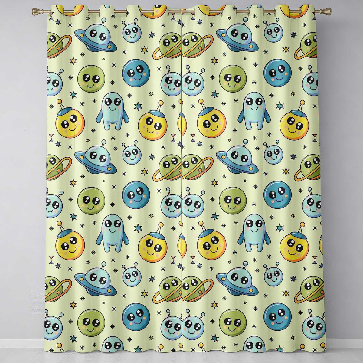 Cute Space Aliens Planets Stars Galaxy Fun Seamless Pattern Readymade Eyelet Ring Top Thermal 100% Blackout Curtains