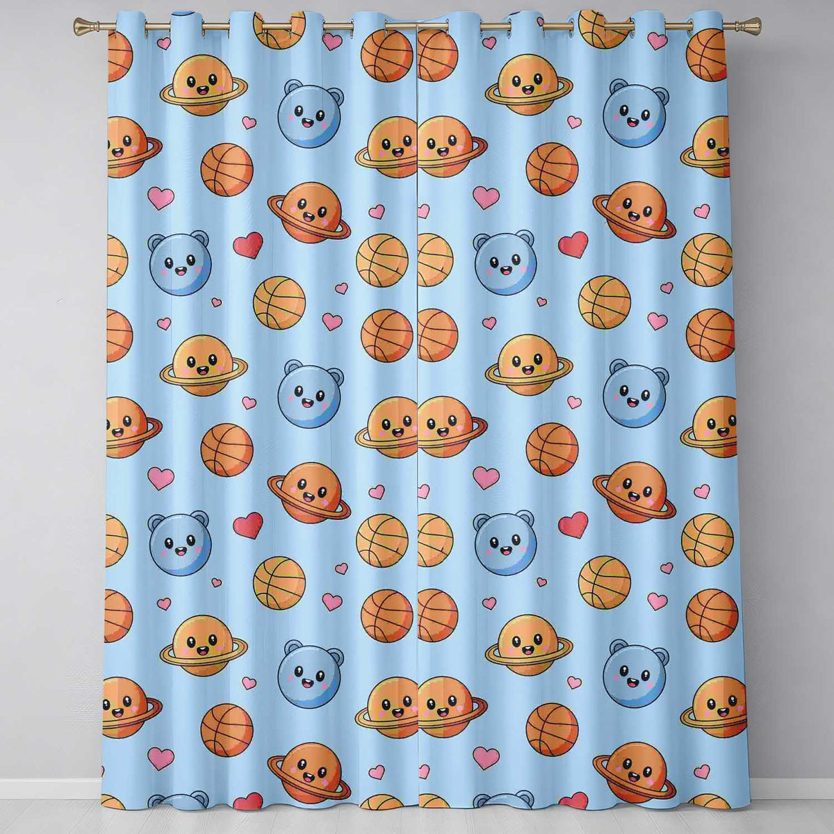 Cute Kawaii Planets Basketball Hearts Fun Space Seamless Pattern Readymade Eyelet Ring Top Thermal 100% Blackout Curtains