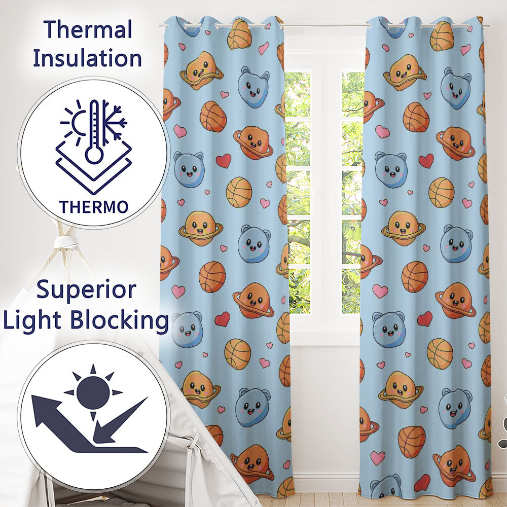 Cute Kawaii Planets Basketball Hearts Fun Space Seamless Pattern Readymade Eyelet Ring Top Thermal 100% Blackout Curtains