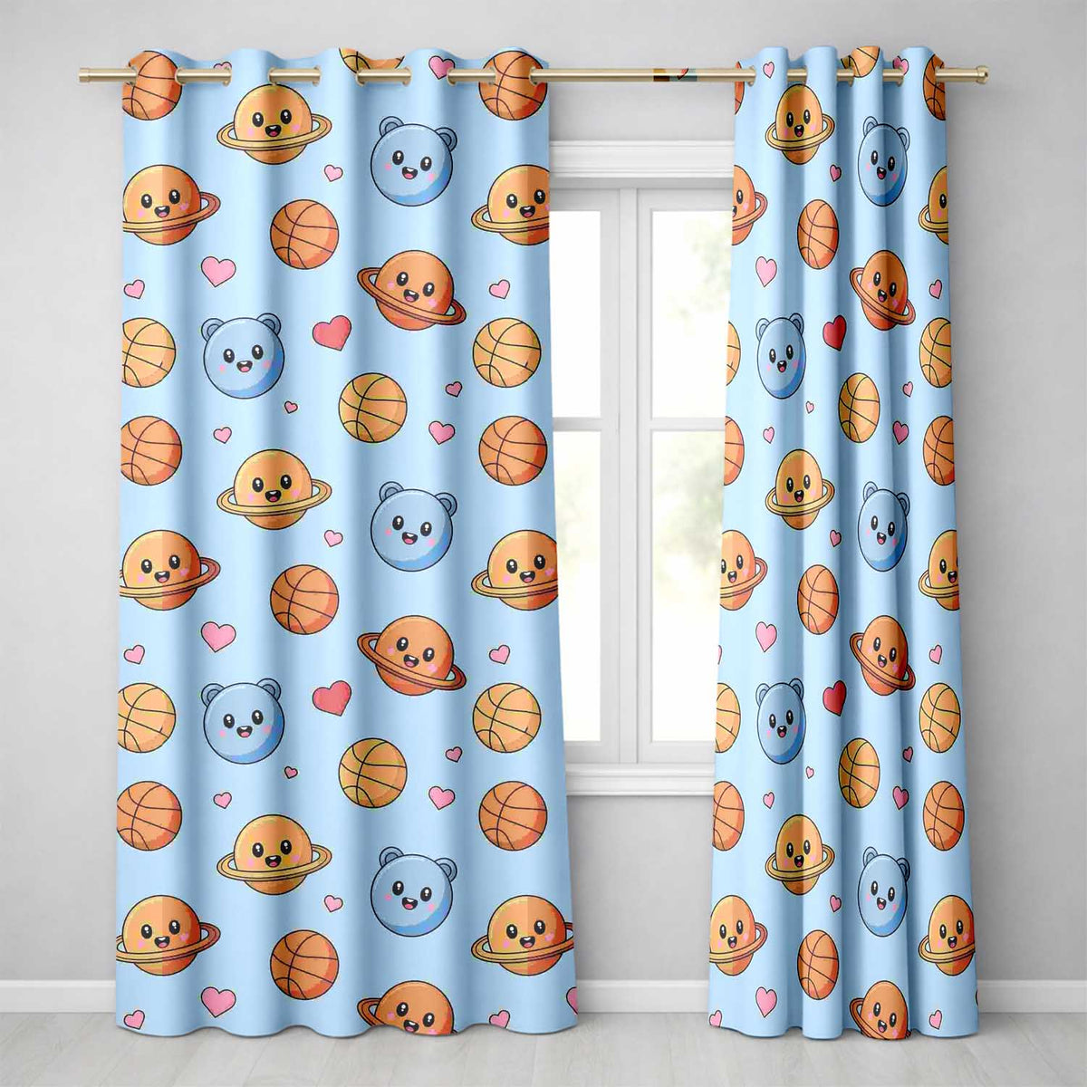 Cute Kawaii Planets Basketball Hearts Fun Space Seamless Pattern Readymade Eyelet Ring Top Thermal 100% Blackout Curtains