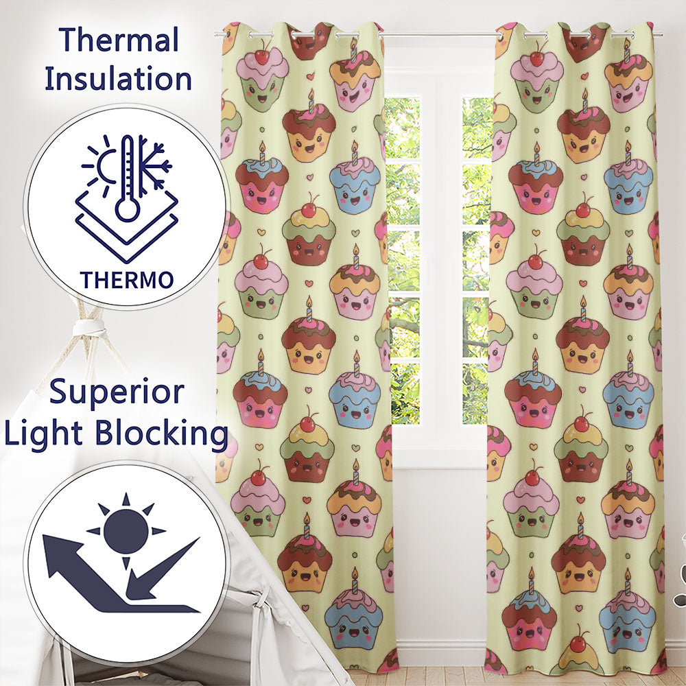 Cute Birthday Cupcakes Sweet Treat Candles Seamless Pattern Readymade Eyelet Ring Top Thermal 100% Blackout Curtains