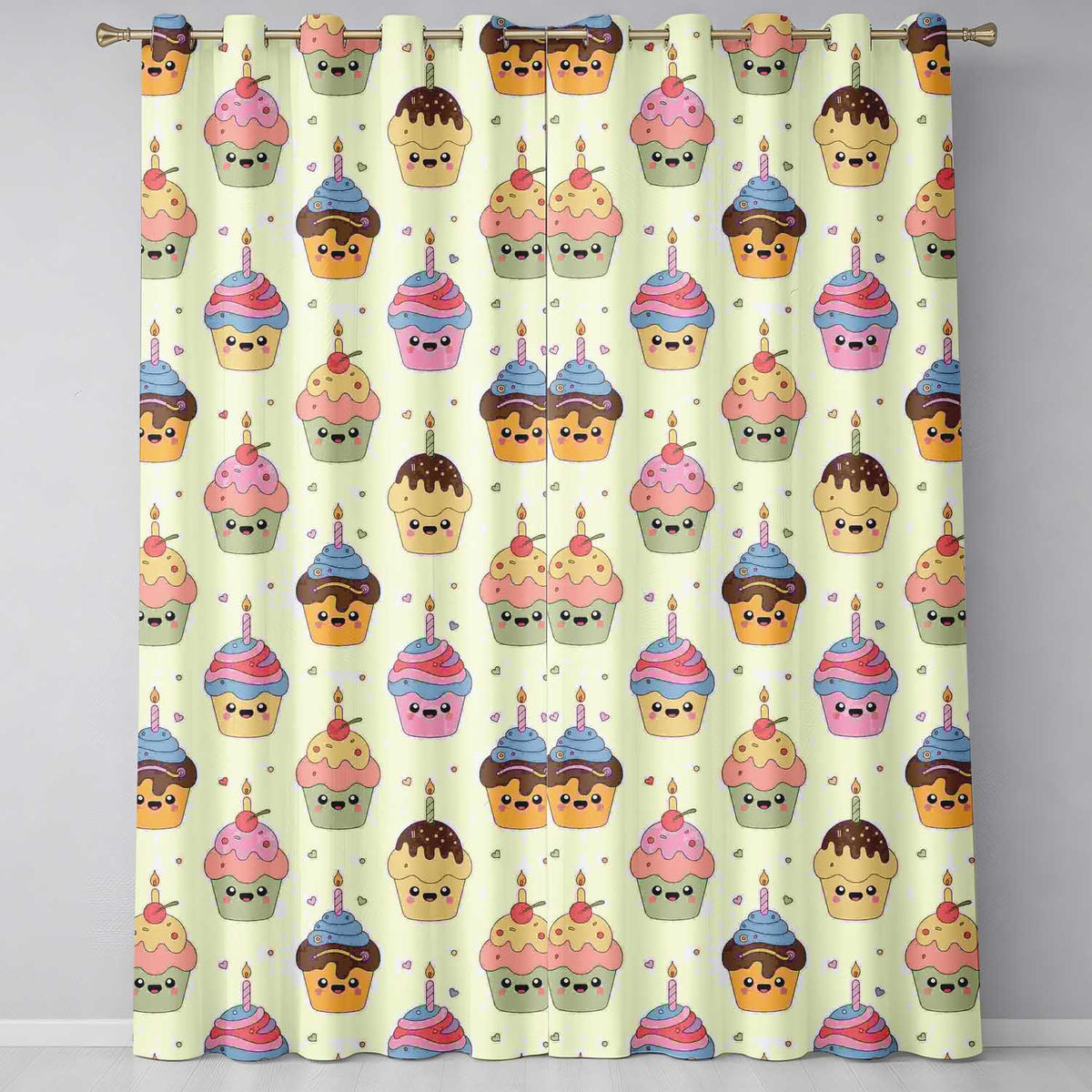 CuteKawaii Birthday Cupcakes Cherry Candle Pastel Sweet Treats Seamless Pattern Readymade Eyelet Ring Top Thermal 100% Blackout Curtains