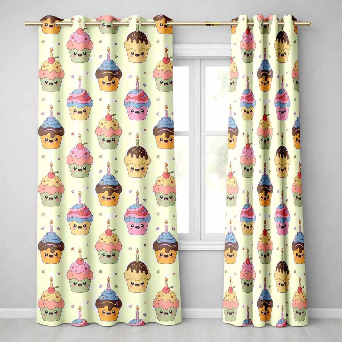 CuteKawaii Birthday Cupcakes Cherry Candle Pastel Sweet Treats Seamless Pattern Readymade Eyelet Ring Top Thermal 100% Blackout Curtains