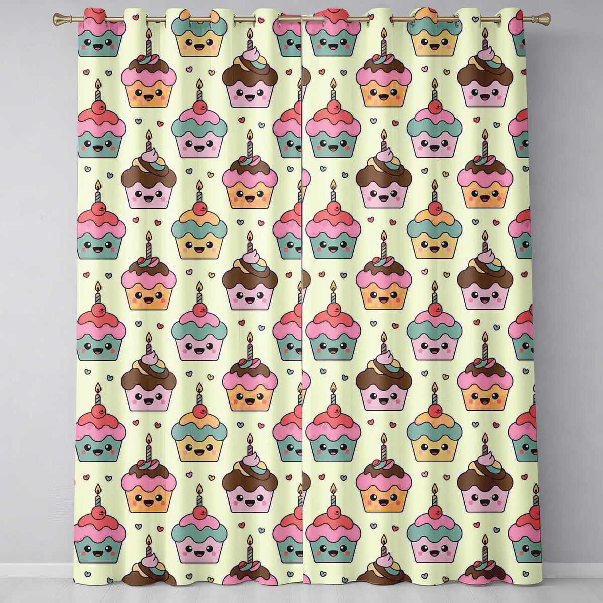 Cute Kawaii Birthday Cupcakes Hearts Candle Sprinkles Pastel Seamless Pattern Readymade Eyelet Ring Top Thermal 100% Blackout Curtains