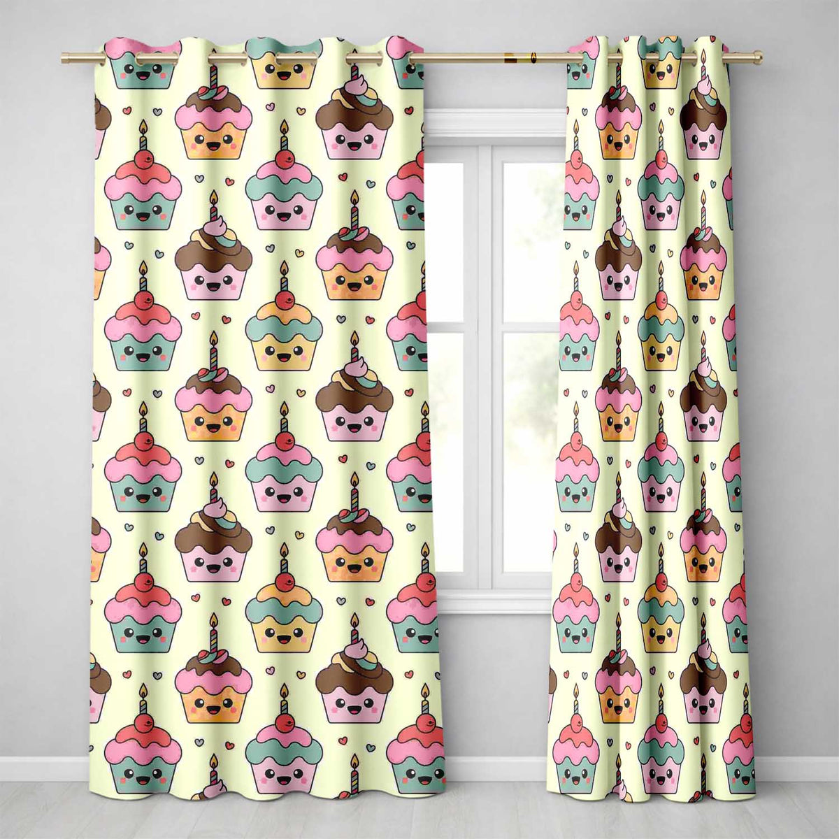 Cute Kawaii Birthday Cupcakes Hearts Candle Sprinkles Pastel Seamless Pattern Readymade Eyelet Ring Top Thermal 100% Blackout Curtains