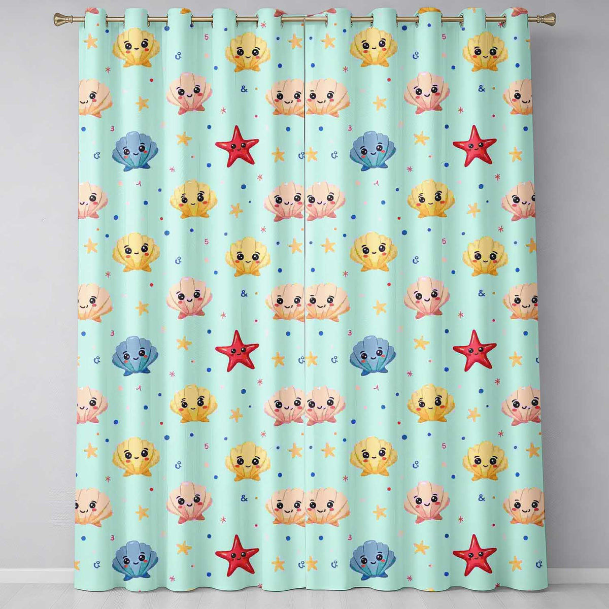 Cute Kawaii Seashells Starfish Ocean Beach Fun Seamless Pattern Readymade Eyelet Ring Top Thermal 100% Blackout Curtains