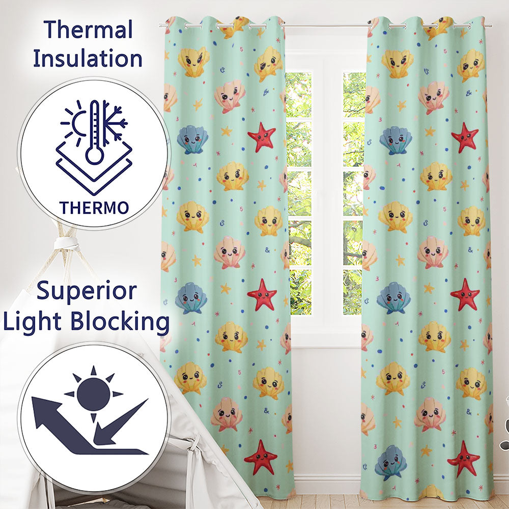 Cute Kawaii Seashells Starfish Ocean Beach Fun Seamless Pattern Readymade Eyelet Ring Top Thermal 100% Blackout Curtains