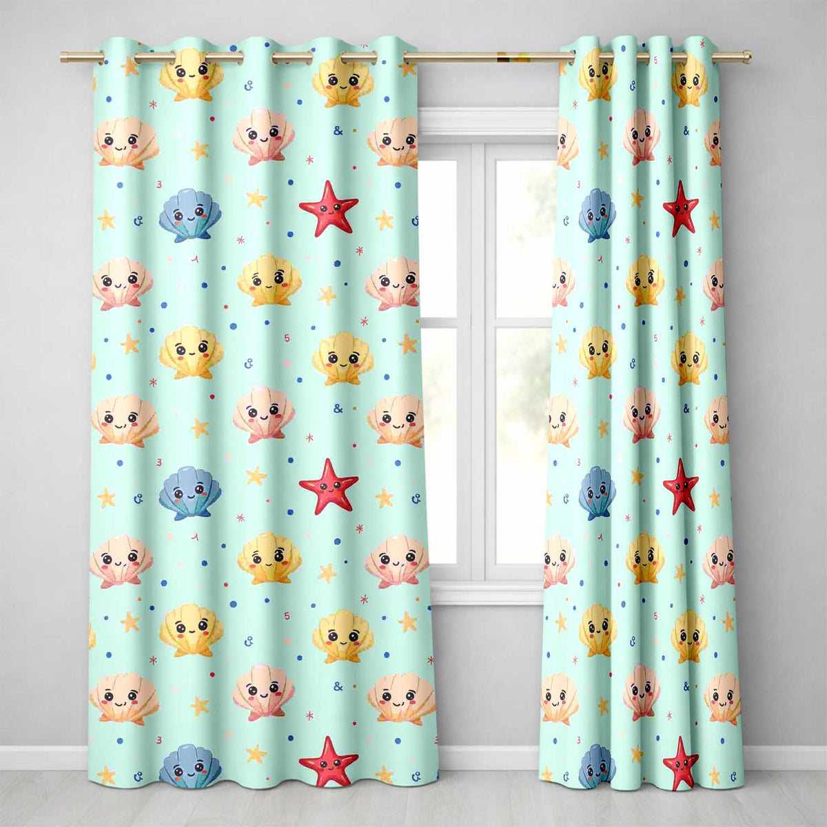Cute Kawaii Seashells Starfish Ocean Beach Fun Seamless Pattern Readymade Eyelet Ring Top Thermal 100% Blackout Curtains