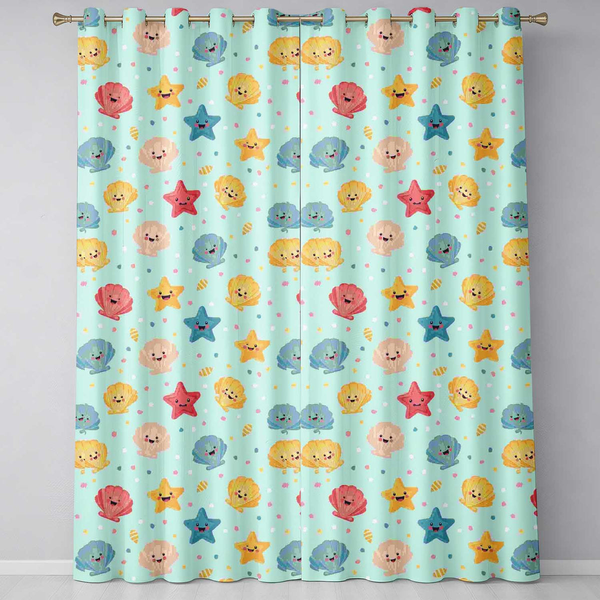 Cute Kawaii Seashells Starfish Pastel Ocean Confetti Seamless Pattern Readymade Eyelet Ring Top Thermal 100% Blackout Curtains