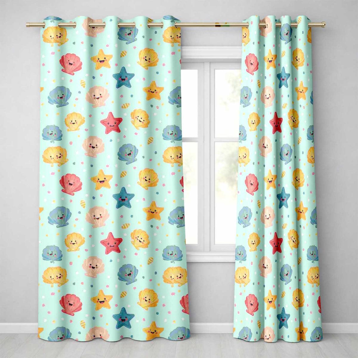 Cute Kawaii Seashells Starfish Pastel Ocean Confetti Seamless Pattern Readymade Eyelet Ring Top Thermal 100% Blackout Curtains