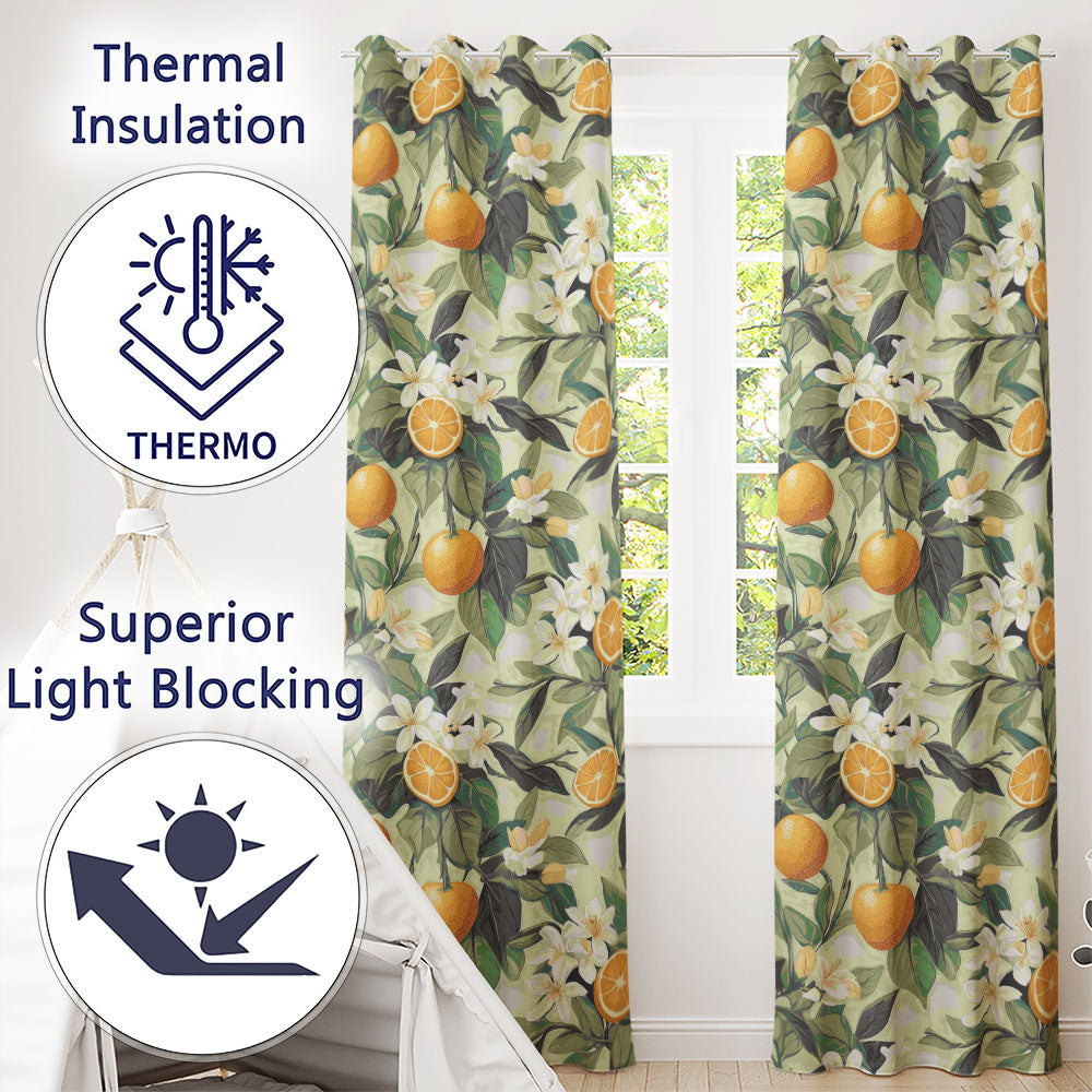 Orange Citrus Fruit Blossom Botanical Seamless Pattern Readymade Eyelet Ring Top Thermal 100% Blackout Curtains