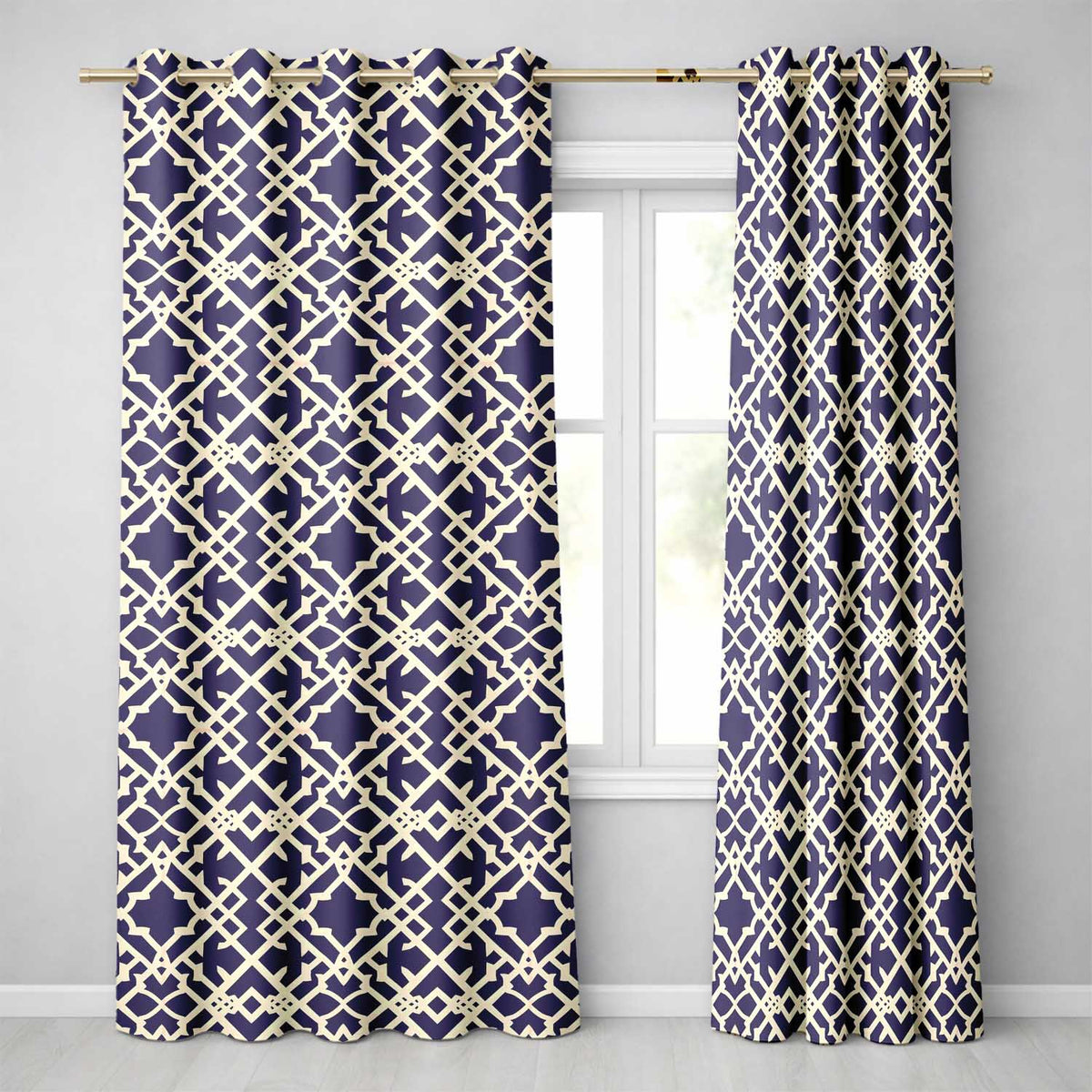 Navy Blue Moroccan Geometric Lattice Elegant Seamless Pattern Readymade Eyelet Ring Top Thermal 100% Blackout Curtains