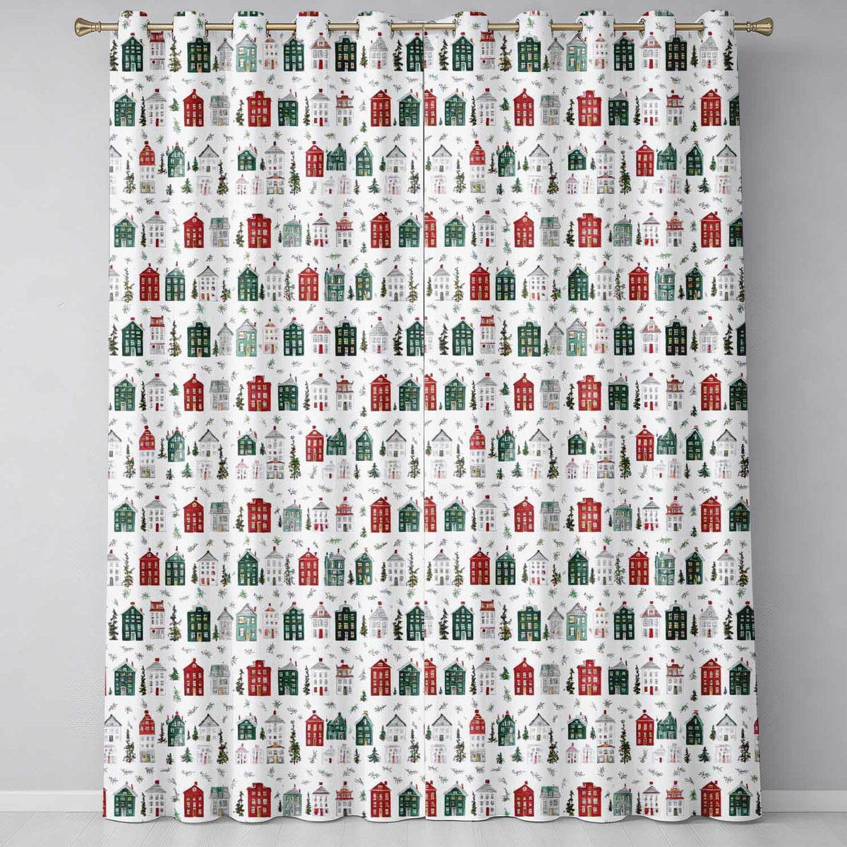 Watercolor Holiday Village Houses Snowy Christmas Town Seamless Pattern Readymade Eyelet Ring Top Thermal 100% Blackout Curtains