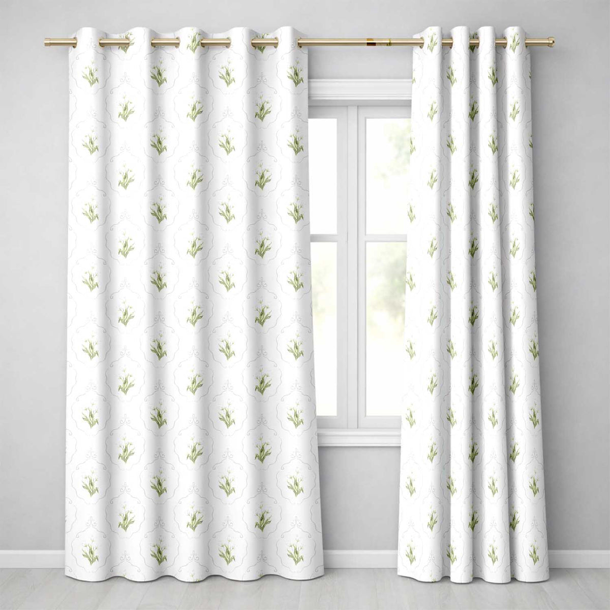 Elegant Tulip Floral Frame Neutral Seamless Pattern Readymade Eyelet Ring Top Thermal 100% Blackout Curtains