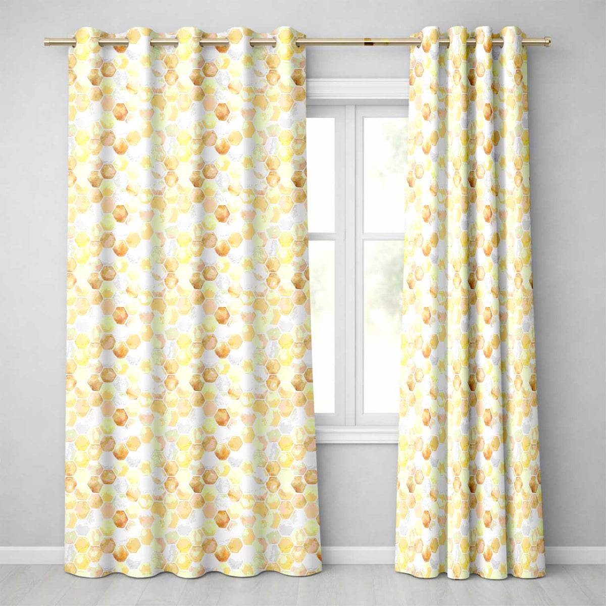 Watercolor Honeycomb Hexagon Sweet Honey Seamless Pattern Readymade Eyelet Ring Top Thermal 100% Blackout Curtains