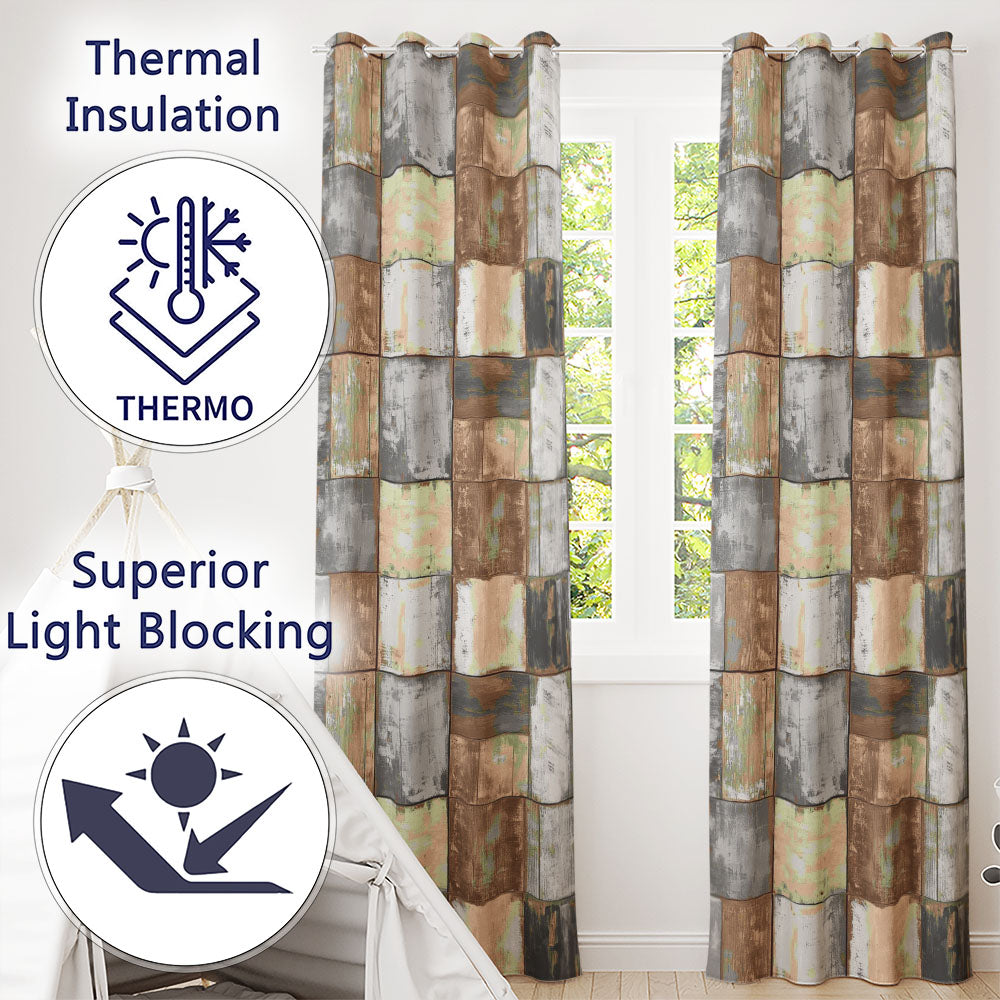Vintage Mixed Wood Panel Patchwork Rustic Seamless Pattern Readymade Eyelet Ring Top Thermal 100% Blackout Curtains