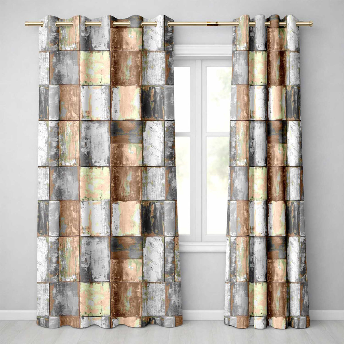 Vintage Mixed Wood Panel Patchwork Rustic Seamless Pattern Readymade Eyelet Ring Top Thermal 100% Blackout Curtains