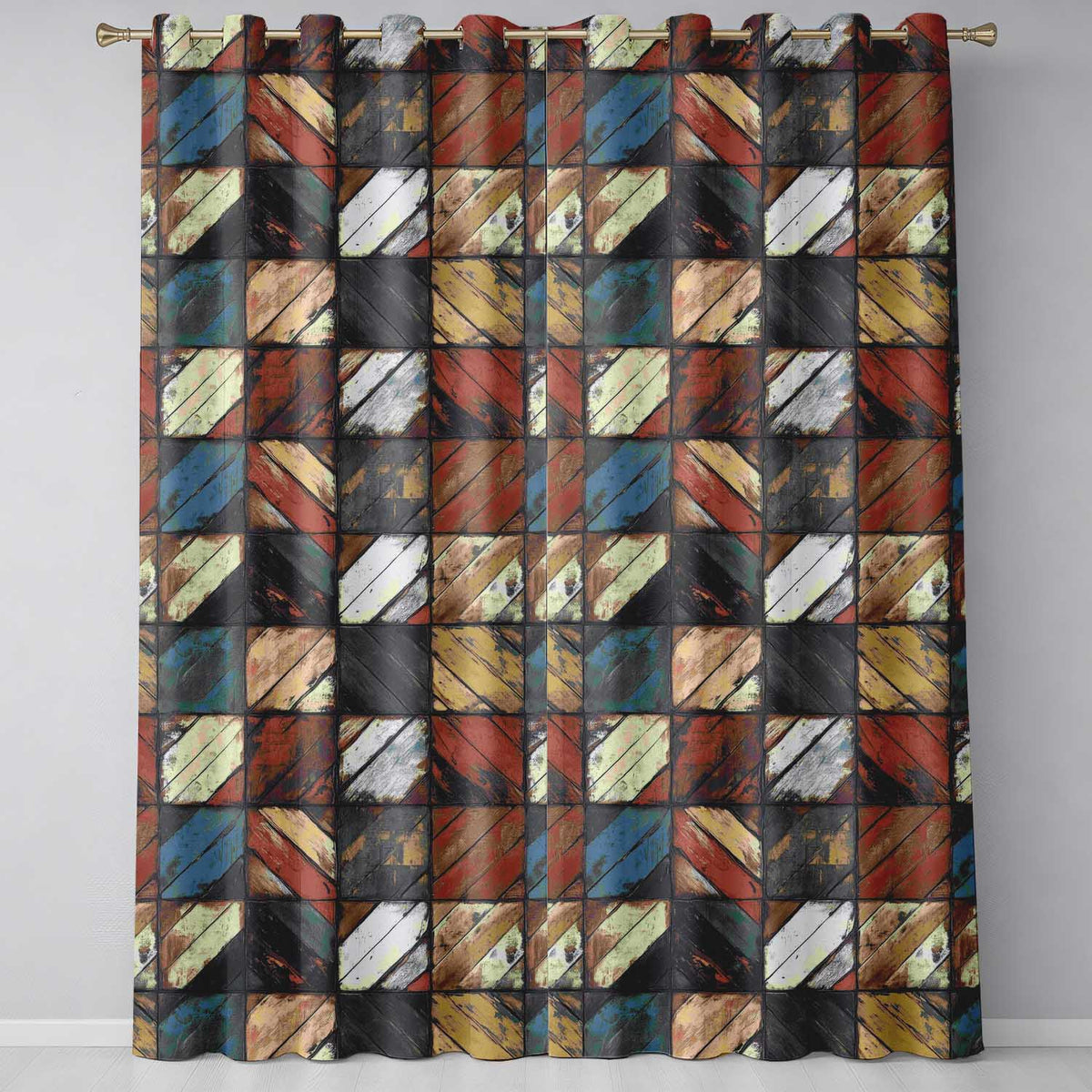 Rustic Multicolor Wood Tile Geometric Patchwork Seamless Pattern Readymade Eyelet Ring Top Thermal 100% Blackout Curtains