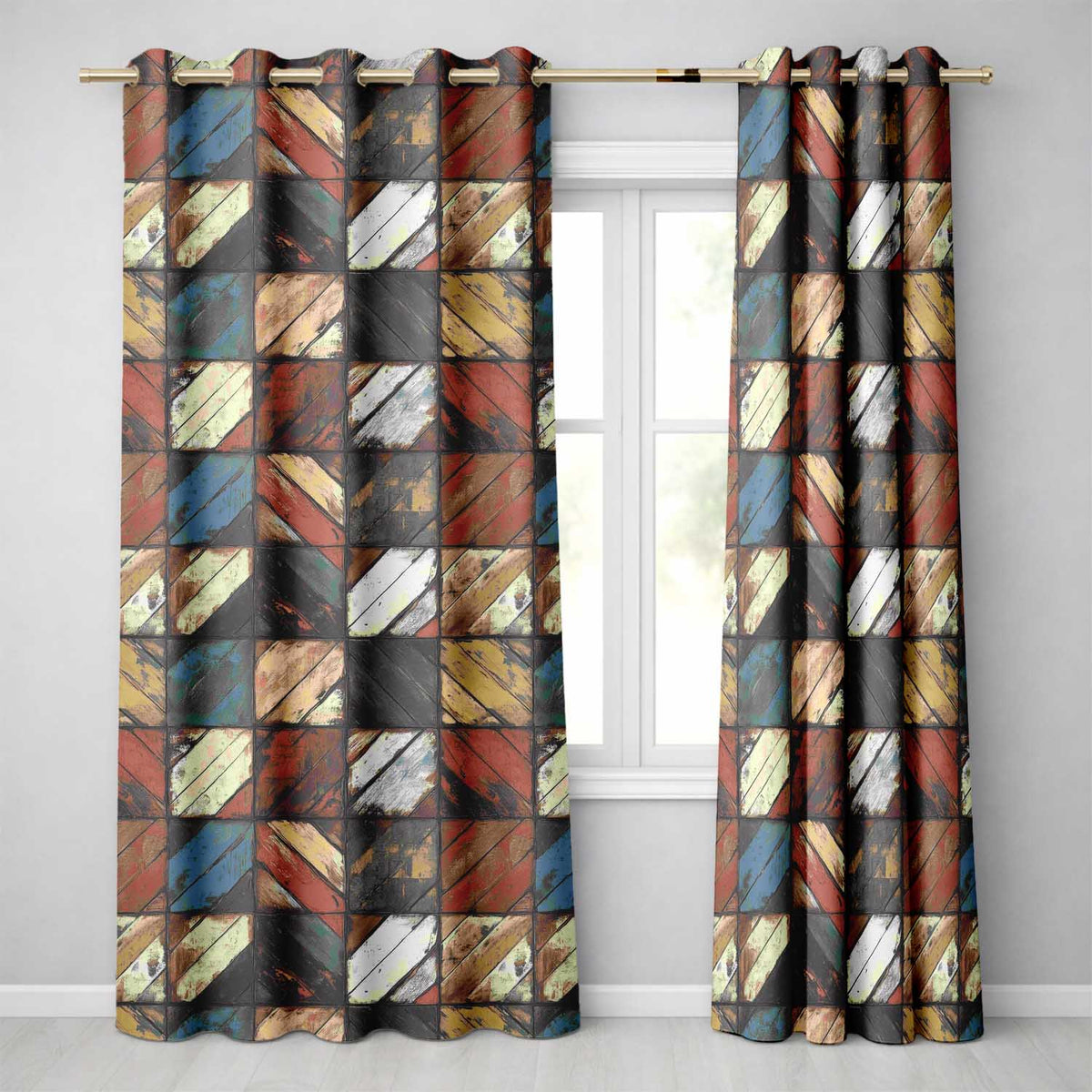Rustic Multicolor Wood Tile Geometric Patchwork Seamless Pattern Readymade Eyelet Ring Top Thermal 100% Blackout Curtains