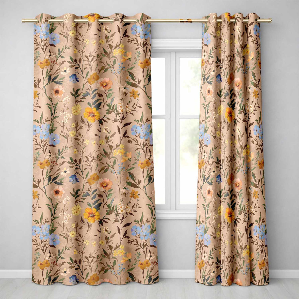 Elegant Garden Wildflowers in Soft Neutral Tones Seamless Pattern Readymade Eyelet Ring Top Thermal 100% Blackout Curtains