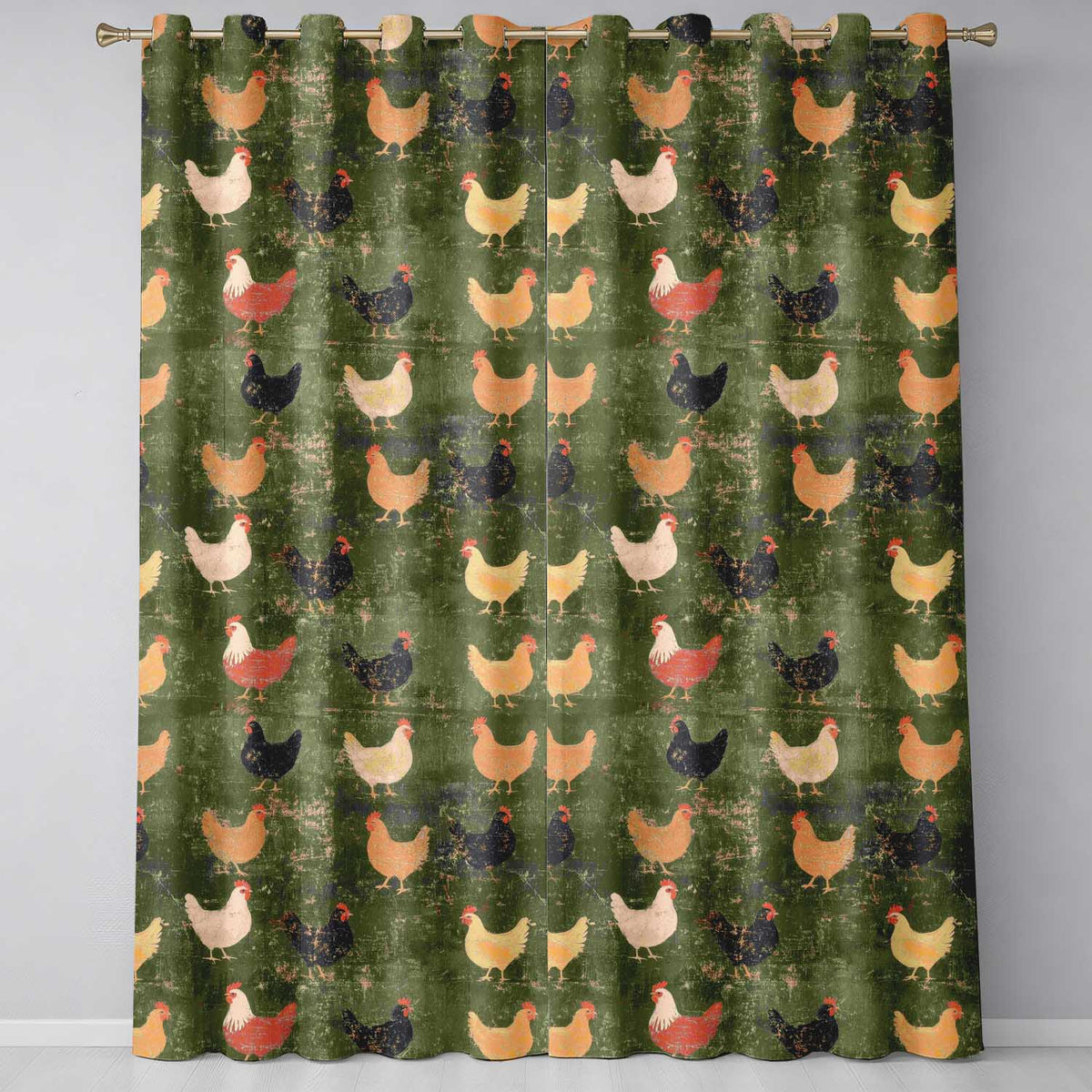Rustic Chicken Hen Farmyard on Distressed Green Background Seamless Pattern Readymade Eyelet Ring Top Thermal 100% Blackout Curtains