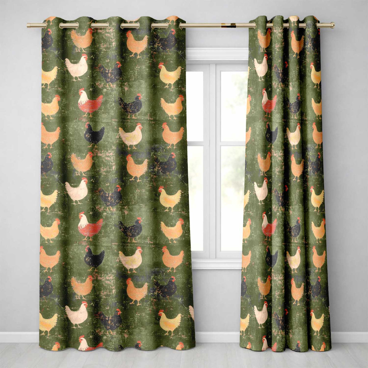 Rustic Chicken Hen Farmyard on Distressed Green Background Seamless Pattern Readymade Eyelet Ring Top Thermal 100% Blackout Curtains