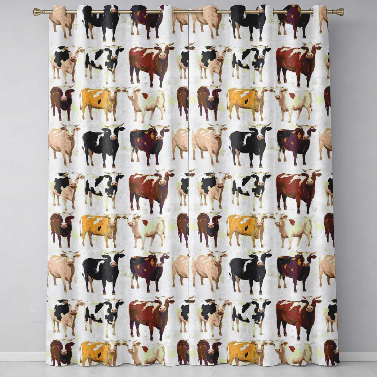 Classic Cow Herd Farm Animal Illustration Seamless Pattern Readymade Eyelet Ring Top Thermal 100% Blackout Curtains