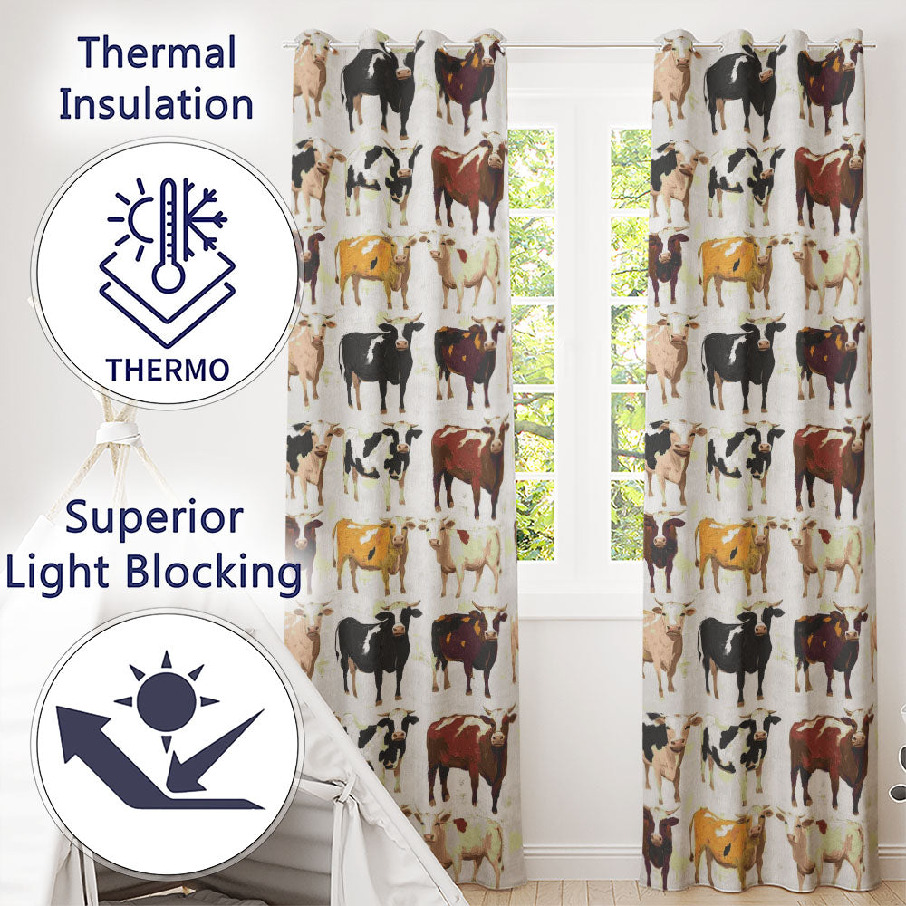 Classic Cow Herd Farm Animal Illustration Seamless Pattern Readymade Eyelet Ring Top Thermal 100% Blackout Curtains