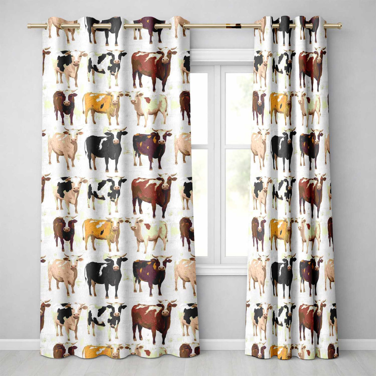 Classic Cow Herd Farm Animal Illustration Seamless Pattern Readymade Eyelet Ring Top Thermal 100% Blackout Curtains