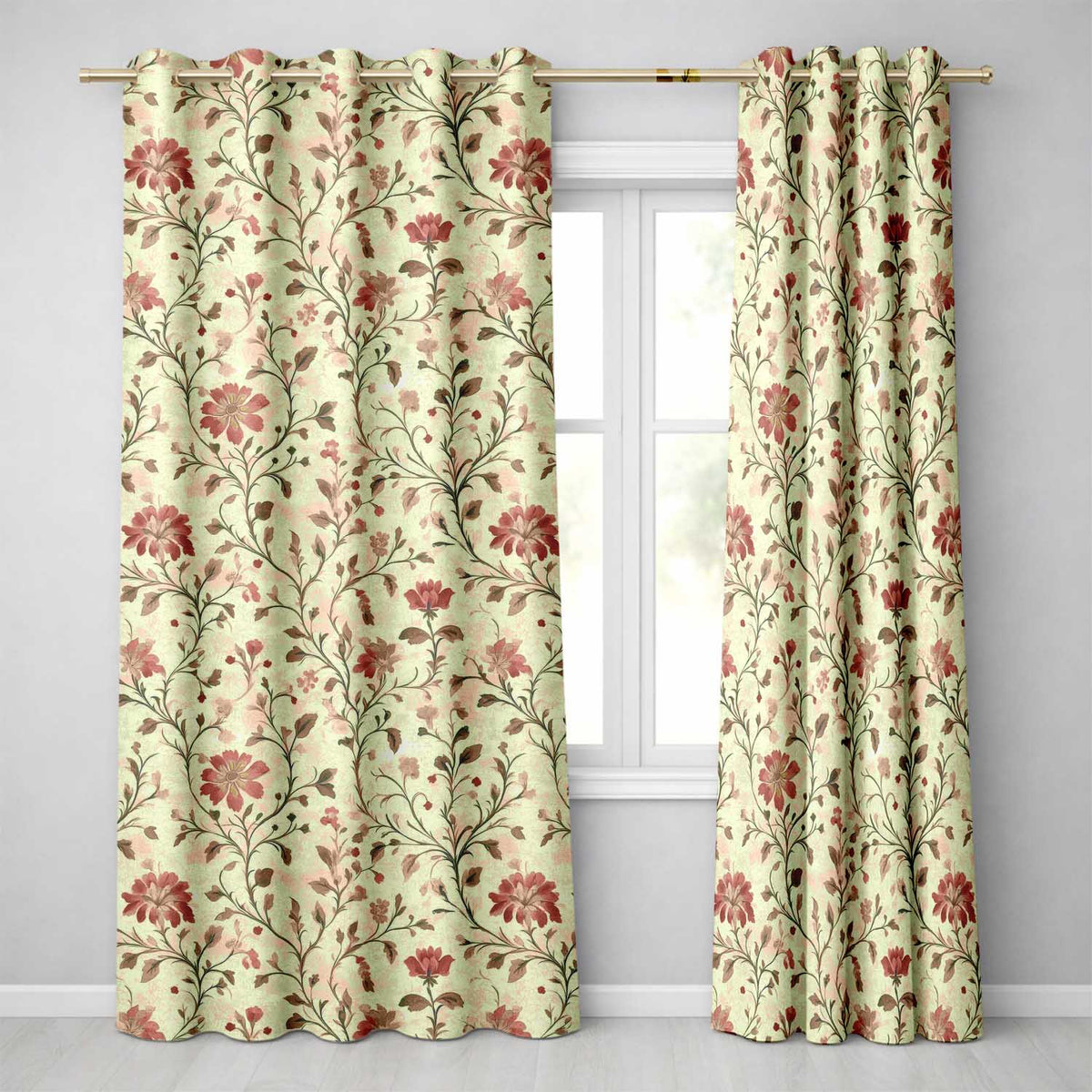 Elegant Botanical Vine Floral Neutral Tone Seamless Pattern Readymade Eyelet Ring Top Thermal 100% Blackout Curtains