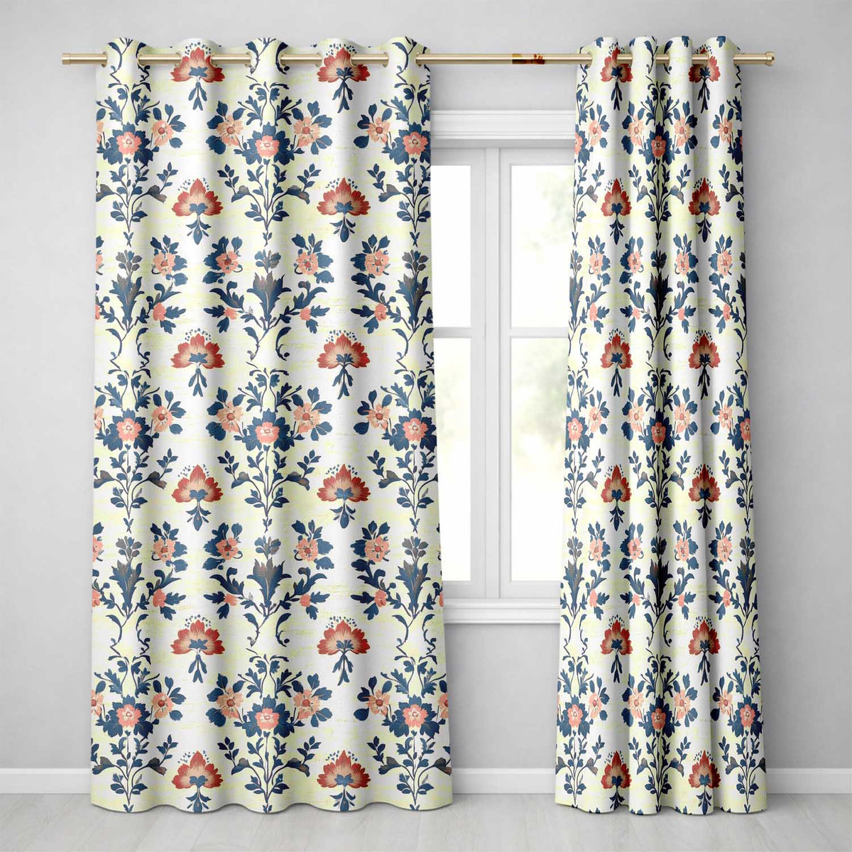 Traditional Blue Red Floral Folk Art Seamless Pattern Readymade Eyelet Ring Top Thermal 100% Blackout Curtains