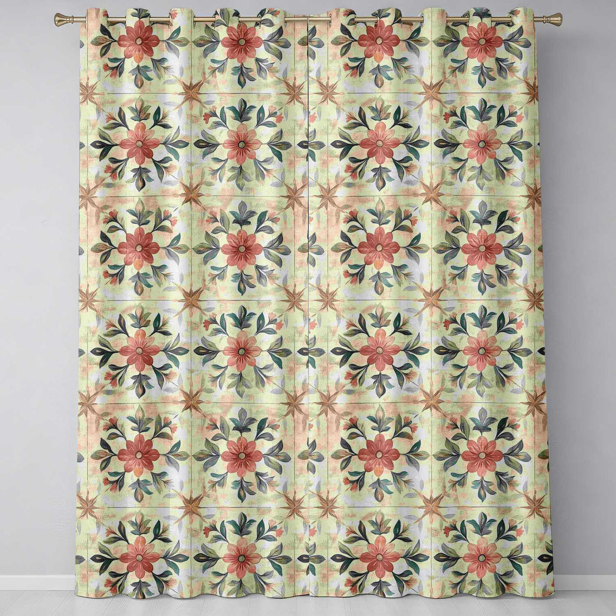 Vintage Tile Style Floral Motif Soft Neutral Seamless Pattern Readymade Eyelet Ring Top Thermal 100% Blackout Curtains