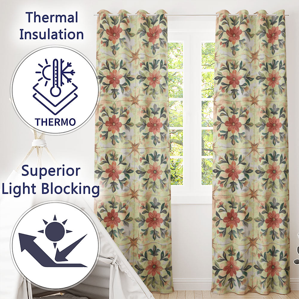 Vintage Tile Style Floral Motif Soft Neutral Seamless Pattern Readymade Eyelet Ring Top Thermal 100% Blackout Curtains