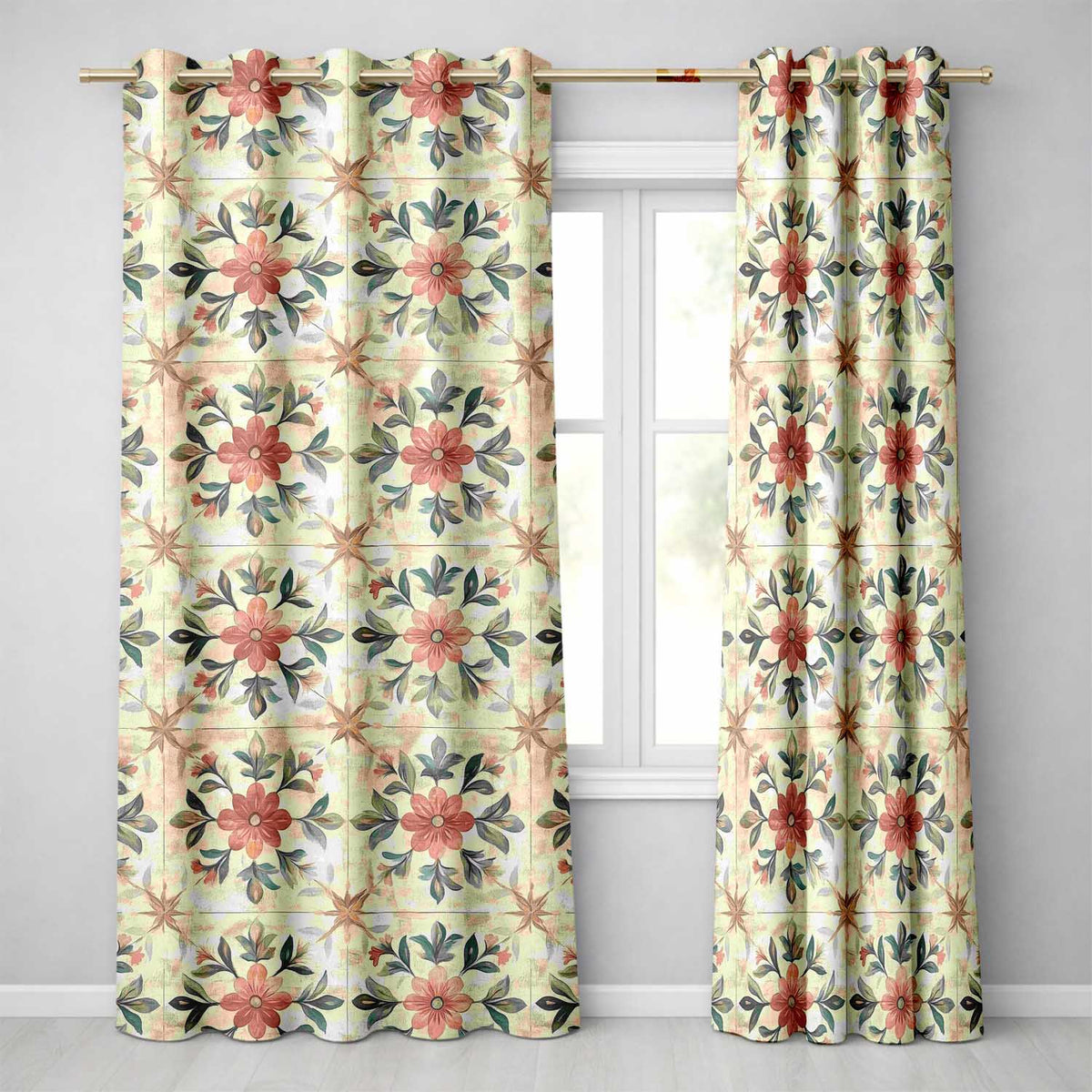 Vintage Tile Style Floral Motif Soft Neutral Seamless Pattern Readymade Eyelet Ring Top Thermal 100% Blackout Curtains