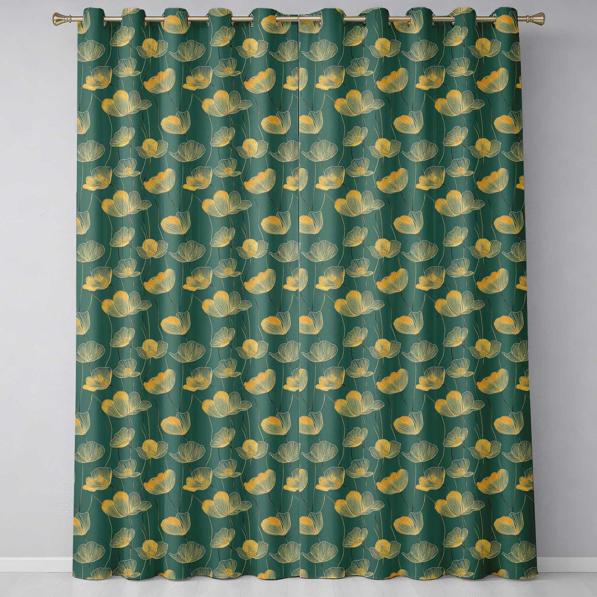 Art Deco Inspired Gold Floral Outline on Deep Teal Background Seamless Pattern Readymade Eyelet Ring Top Thermal 100% Blackout Curtains