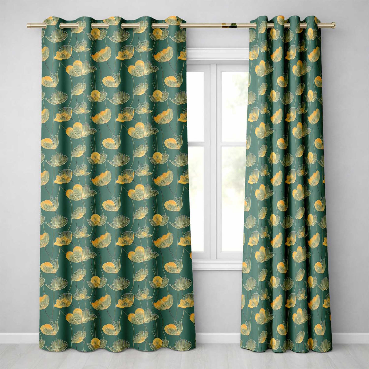 Art Deco Inspired Gold Floral Outline on Deep Teal Background Seamless Pattern Readymade Eyelet Ring Top Thermal 100% Blackout Curtains