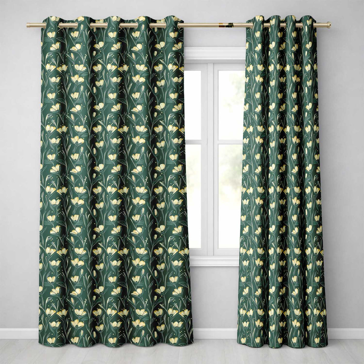 Elegant Dark Teal Floral Wildflower Pattern with Soft Yellow Seamless Design Readymade Eyelet Ring Top Thermal 100% Blackout Curtains