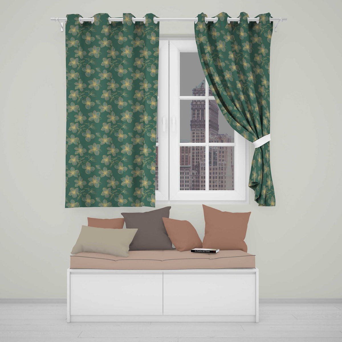 Luxury Teal Background Gold Line Art Floral Blossoms Seamless Botanical Pattern Readymade Eyelet Ring Top Thermal 100% Blackout Curtains