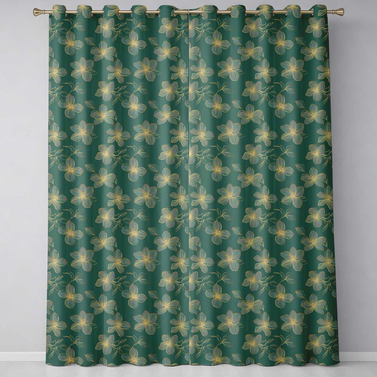 Luxury Teal Background Gold Line Art Floral Blossoms Seamless Botanical Pattern Readymade Eyelet Ring Top Thermal 100% Blackout Curtains