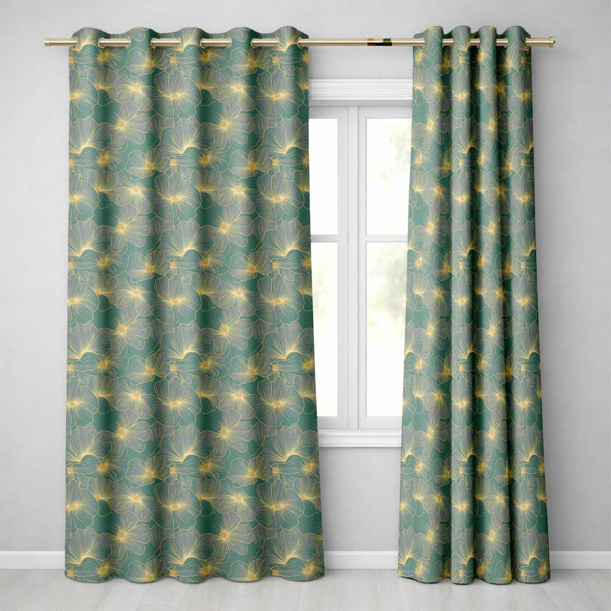 Artistic Teal Floral Outline Pattern with Large Gold Detailed Blossoms Seamless Readymade Eyelet Ring Top Thermal 100% Blackout Curtains