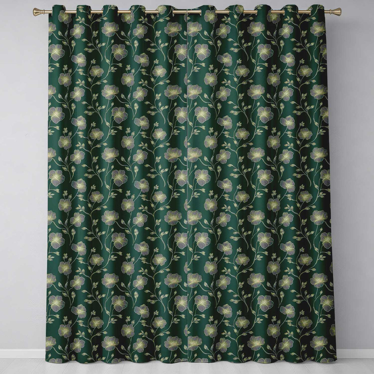 Luxury Dark Teal Floral Pattern with Fine Gold Line Art Blossoms Seamless Readymade Eyelet Ring Top Thermal 100% Blackout Curtains