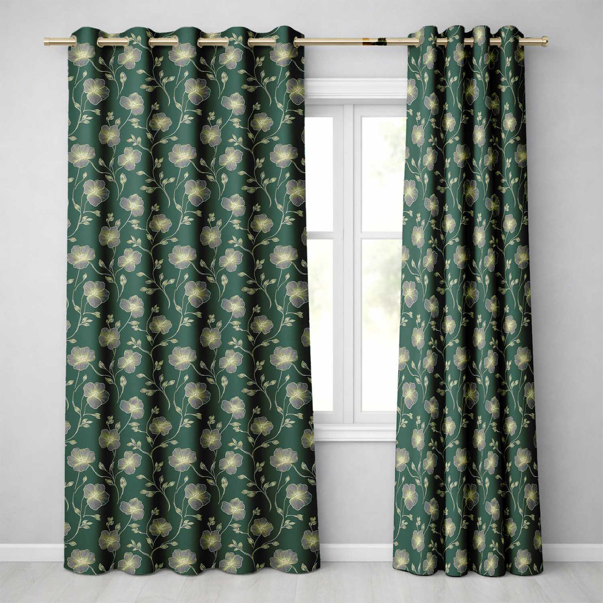 Luxury Dark Teal Floral Pattern with Fine Gold Line Art Blossoms Seamless Readymade Eyelet Ring Top Thermal 100% Blackout Curtains