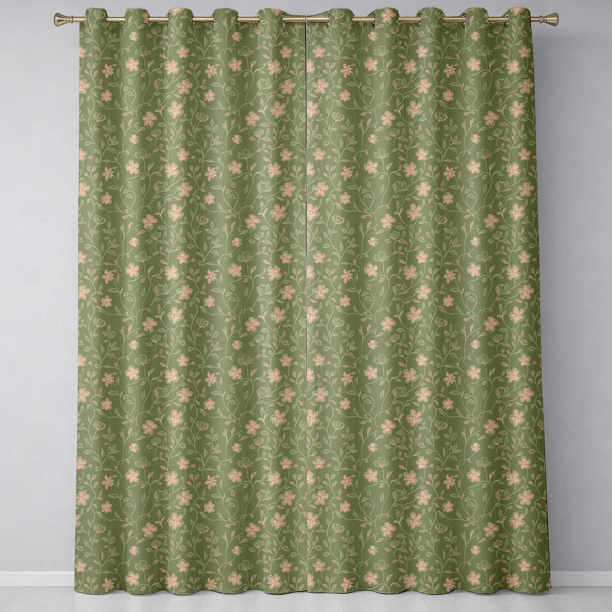 Vintage Olive Floral Vine Pattern with Soft Gold Detailed Flowers Seamless Readymade Eyelet Ring Top Thermal 100% Blackout Curtains