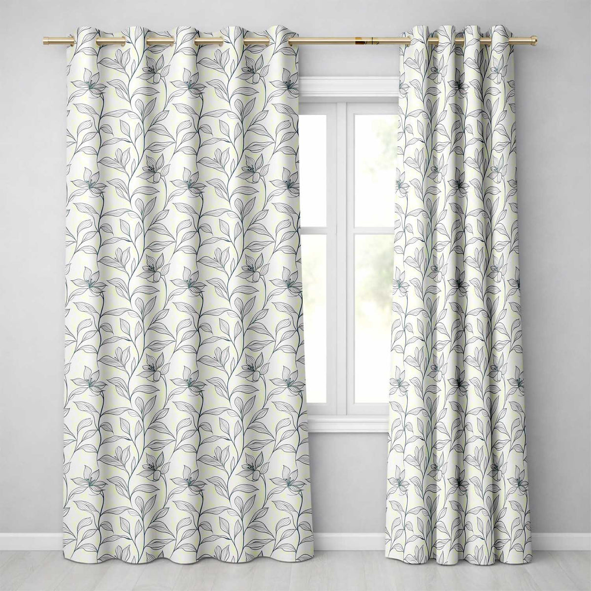Elegant Beige Botanical Line Art Leaves Pattern with Floral Stems Seamless Readymade Eyelet Ring Top Thermal 100% Blackout Curtains